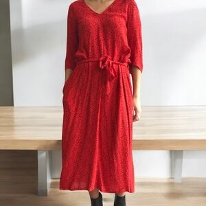 JUST Female 'Ellen Satori Red' V-neck Belted Midi Dress with Pockets